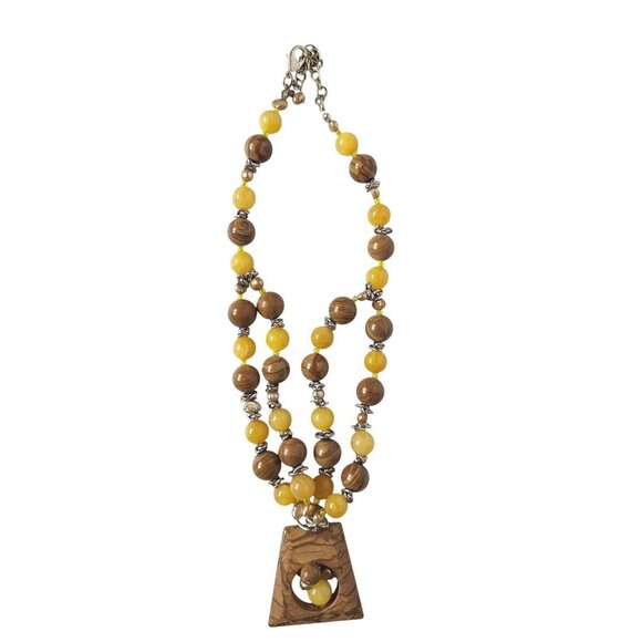 Vintage Boho Stone and Yellow Beaded Necklace with Pendant - Picture 2 of 4